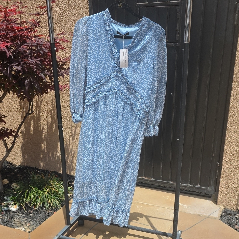 Simplee Apparel Blue Wrap Sundress with Bishop Sleeves